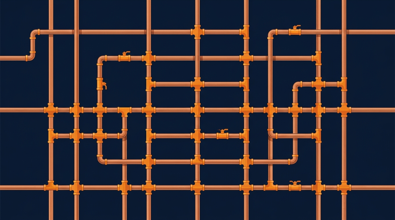 Copper plumbing pipes forming a clean geometric pattern on a dark background